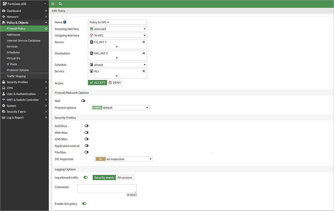 Screenshot of the Edit Policy page for another policy in the FortiGate Web UI